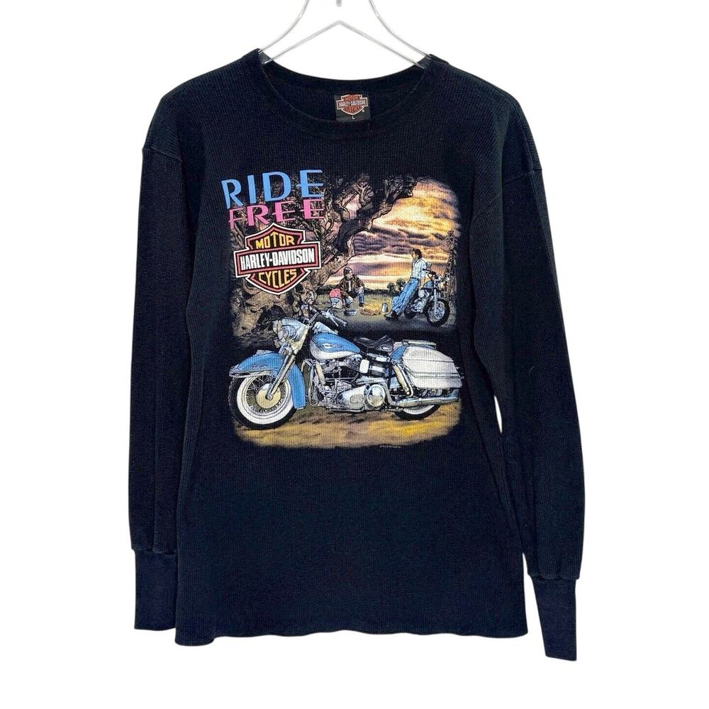 Harley Davidson Ride Free Long Sleeve Waffle Thermal Shirt RK Stratman L Vtg 90s